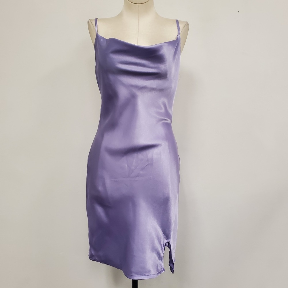 Just Polly Womens Y2K Cowl Neck Fairy Mini Slip Dress Size S Purple Side Slit
